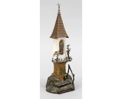 Franz Bergmann (1861-1936), Heiligenhäuschen, polychrom bemalte und patinierte Bronze mit Marmoreinsatz, unters. Vasenpunze, 