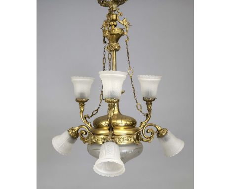 Deckenlampe, Anfang 20. Jh, Messing &amp; Bronze/Metallguss. Mittelkonsole mit 3 abkragenden Leuchterarmen mit jeweils einem 