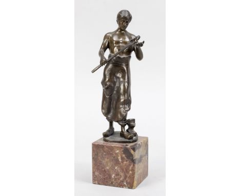 Alfred Moret (1853-1913), der Schmied, patinierte Bronze auf Marmorsockel, rücks. im Stand sign., H. 25 cm