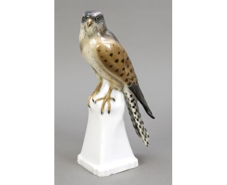 Falke auf einem Felsenpostament, Goebel, Oeslau, um 1940, polychrom staffiert in naturalistischen Farben, H. 26 cm