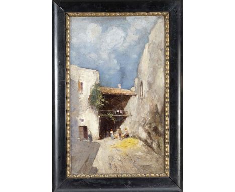 Unidentifizierter Maler Ende 19. Jh., italienische Dorfszene, Öl auf Karton, u. re. undeutlich sign. ''R...'', 34 x 21 cm, ge