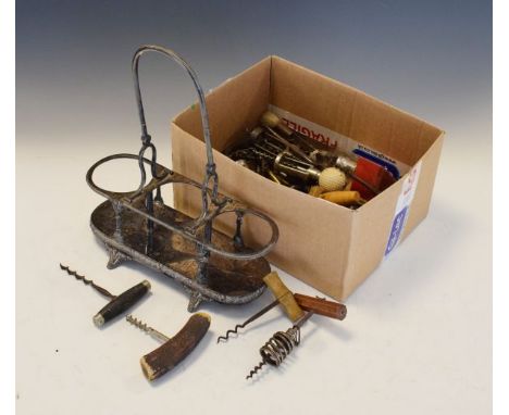 Collection of vintage corkscrews to include; several 19th Century examples with wooden handles and brush, novelty golf ball e