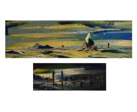 George R. Deakins - Two oils on board - Tower Bridge At Dusk, 14cm x 44.5cm and Expansive Seascape with island and yachts, 23