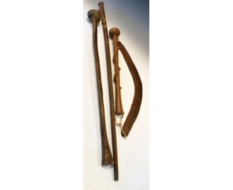 African carved walking stick, the handle formed as the head of an European man, an African club and a mother-of-pearl inlaid 