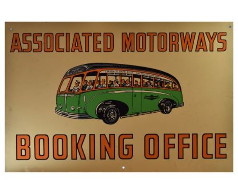 Coach & Bus Interest - Vintage tin sign having pictorial decoration depicting a coach and the script 'Associated Motorways Bo