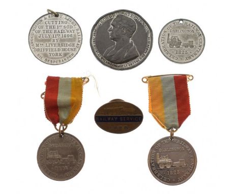 Railway Interest - Vintage L.N.E.R. 'Railway Service' lapel badge, two Darlington Railway base metal medallions commemorating