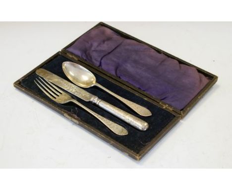 Edward VII engraved silver three piece christening set comprising: knife, fork and spoon, London 1902/1903, 1.7oz approx of w