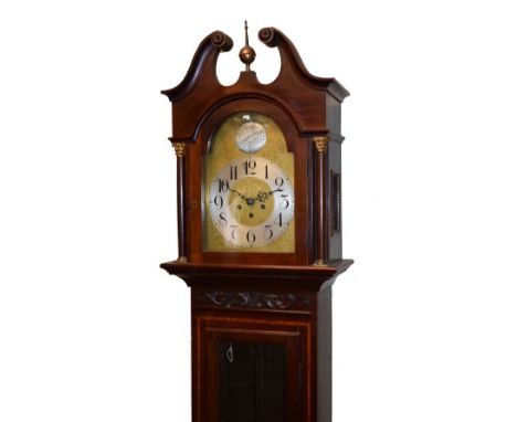 Late 19th/early 20th Century mahogany and string inlaid longcase clock having brass arched dial with silvered chapter ring wi