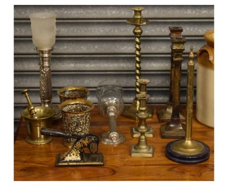 Selection of metalwork to include; two pairs of candlesticks, wall light of storm lantern design, pair of planters, column la