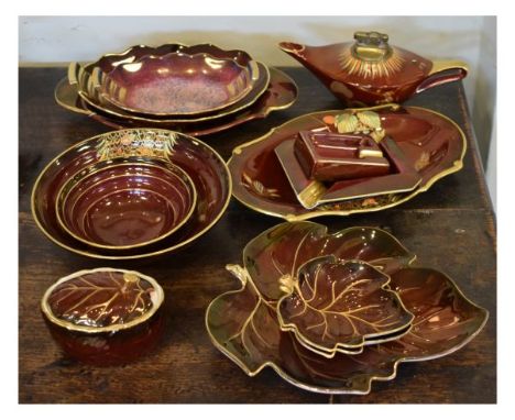 Selection of Carlton Ware Rouge Royale ceramics to include; an Aladdin type table lighter, shaped oval dish with spiders web 