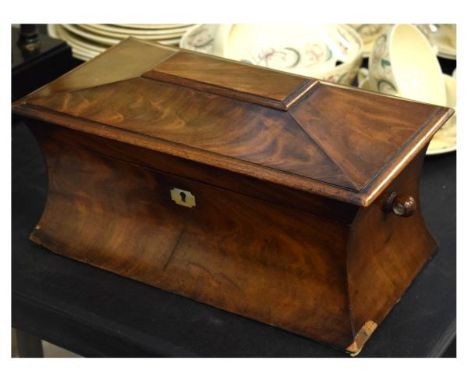 Early 19th Century mahogany tea caddy of waisted sarcophagus form enclosing two rectangular canisters with hinged covers flan