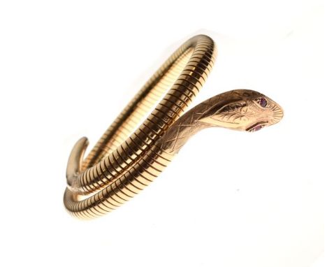 Smith & Pepper 9ct gold flexible snake bracelet having ruby eyes, hallmarked 1977, 20.6g approx gross inclusive of flexible m