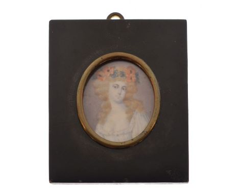 19th Century English School - Oval miniature portrait of a lady with flowers in her hair   Condition: 