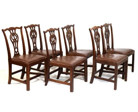 Set of six 19th Century Chippendale style mahogany dining chairs, each having a typical pierced back splat, drop-in seat and 