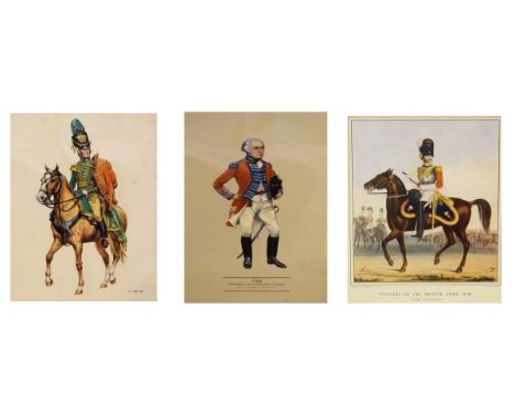 Assorted military/regimental prints to include; a pair in oak frames 'The Royal Fusiliers' and 'Royal Scotch Fusiliers', (21s