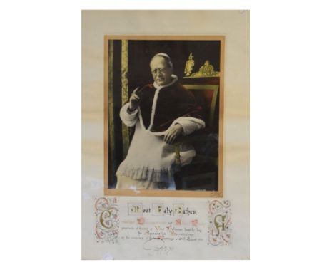 Tinted photographic portrait of Pope Pius XI, with decorated Apostolic Benediction for a marriage of 1931 beneath, in gilt sl