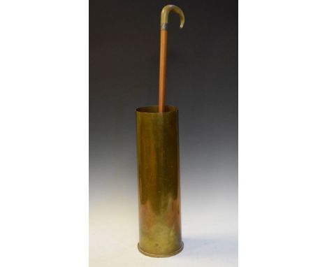 Mid 20th Century stick stand formed from a brass shell case stamped 1956 beneath, 52cm high, together with a horn handled Mal