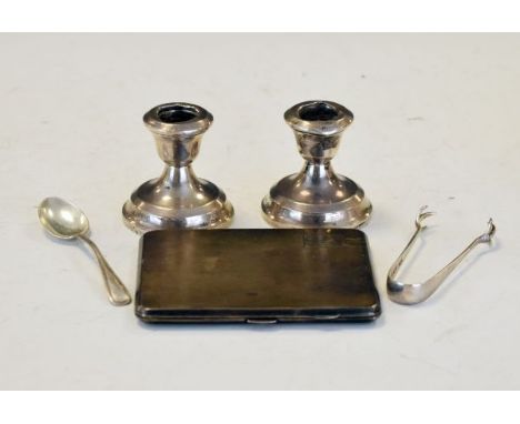 George VI engine turned silver cigarette case, Birmingham 1941, pair of George V silver dressing table candlesticks, London 1