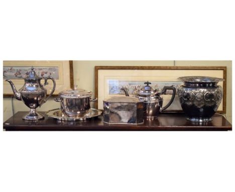 Group of silver plated wares to include; coffee pot, planter, canted oblong box with cover, two handled ice pail with cover, 