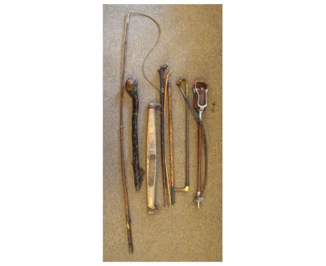 Group of assorted sticks to include; shooting stick, carry whip, riding crop, rootwood club, bamboo stick etc   Condition: 