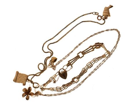 9ct gold gate link bracelet, together with a 9ct gold pendant and chain, 12.2g approx, also a yellow metal neck chain with pe