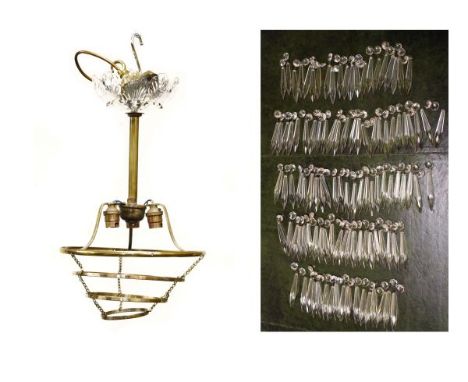 Modern brass and glass three branch light fitting or electrolier with tubular stem over three bayonet fitting bulbs and three