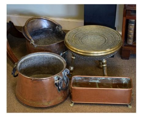 Small group of metalwork comprising: Eastern copper cooking pot, copper coal scuttle and trough, and an Eastern brass heated 