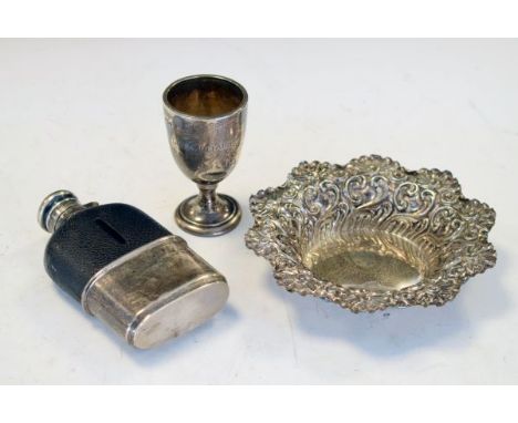 Victorian embossed silver bon bon dish, Sheffield 1900, a Victorian silver mounted leather bound glass spirit flask, Birmingh