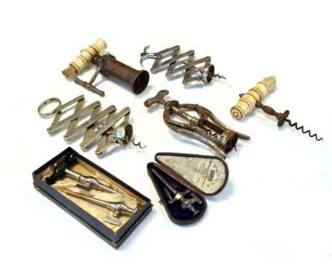 Collection of vintage corkscrews including Thomason Patent, 2 x Heeley Patent, two champagne taps etc   Condition: 
