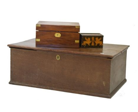 18th Century oak deed/Bible box with hinged rectangular cover over oval escutcheon, together with a 19th Century campaign sty