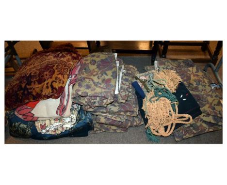Selection of curtains and other textiles to include; four pairs of curtains of varying sizes in matching Persian inspired flo