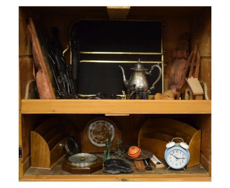 Assorted collectables to include; aneroid barometer, mantel clock, two stationery racks, brass folding spark guard, carved Af
