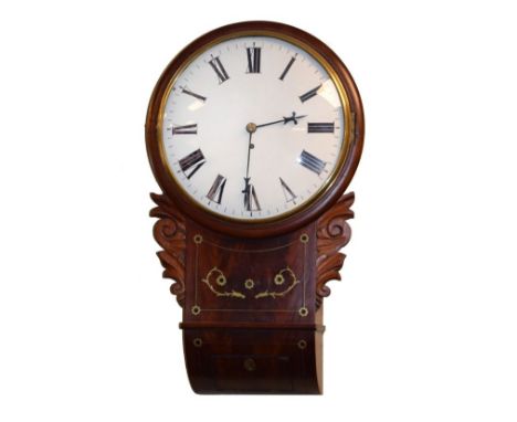 19th Century brass inlaid mahogany cased drop dial wall clock, the white enamel dial with Roman numerals, brass single fusee 
