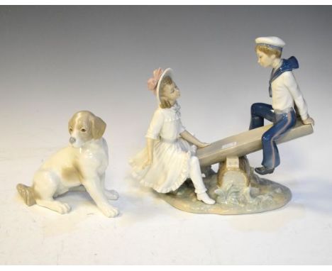 Lladro figure group - See Saw, together with a Nao figure of a seated dog   Condition: 