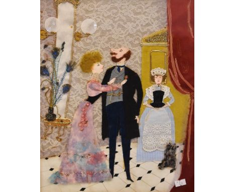 Three various textile pictures, the first by Letitia Whiteley, Pilton Arts Group, depicting a gentleman with his partner and 