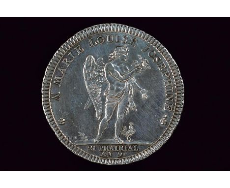 dating: 1801 provenance: France, Made of silver. On the obverse a sword, scales, caduceus and beam on an open book, this with