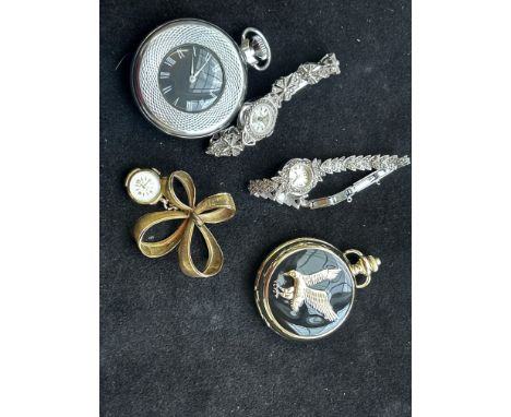 2 pocket watches, 2 wristwatches & brooch watch