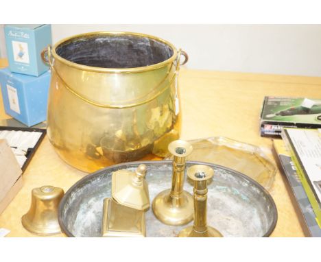 Large Victorian brass log bucket, early copper sink, two candlesticks and others