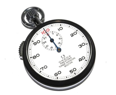 An Omega Prestons Timer Division stopwatch, with subsidiary dial, engraved number to the back, 5 cm diameter, with box 