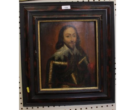 18th Century English SchoolHalf length portrait of King Charles Ioil on panel (restored)30 x 25 cm 