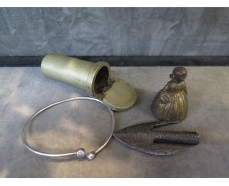 An oriental brass hinged pot, a bracelet, a table bell and an old arrow head 