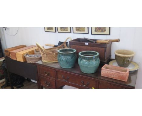 Various garden accessories including a terracotta window-sill planter 24cm, two green glazed and one sage green plant pots, a