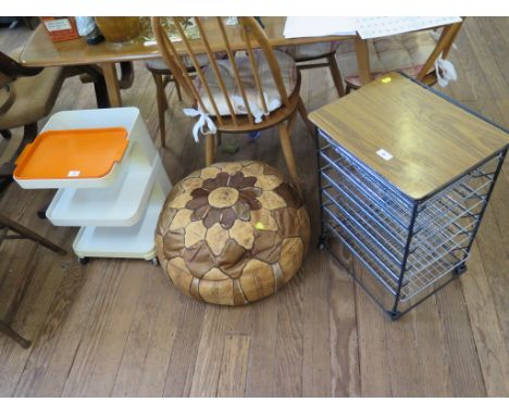 A 1970s white and orange three tier whatnot, with tray and castors, 51 cm high, a vegetable rack, a leather and camel hair po