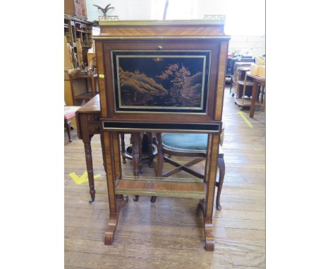 A French kingwood crossbanded lady's secretaire, the marble inset and brass galleried top over a Chinese lacquer panelled fal