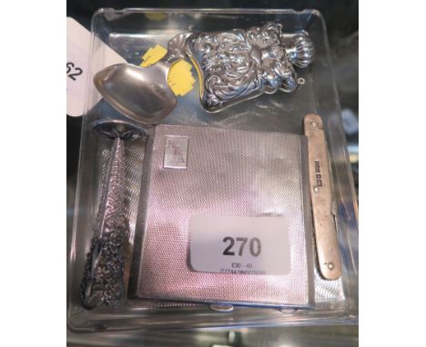 A silver perfume bottle, spill vase, caddy, penknife and compact 