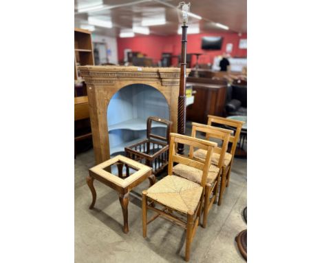 Assorted chairs, a pine wall hanging corner cupboard and a carved mahogany standard lamp