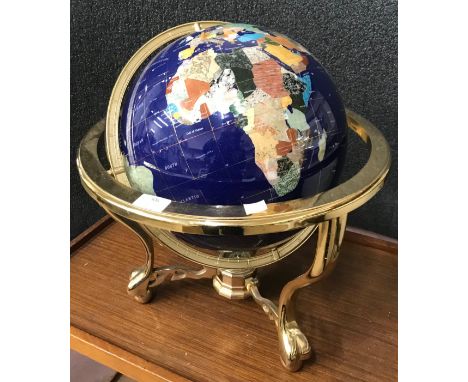 A semi precious stone inlaid terrestrial globe on stand 