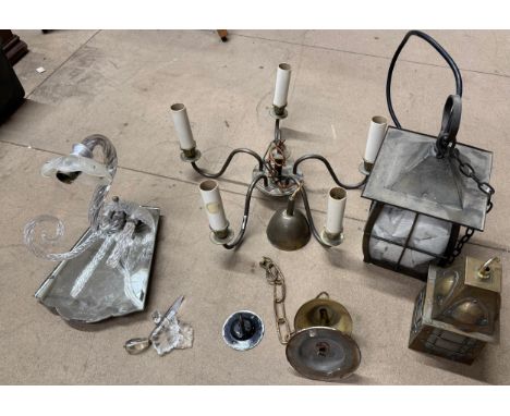 Assorted lighting, including two Arts &amp; Crafts brass lanterns