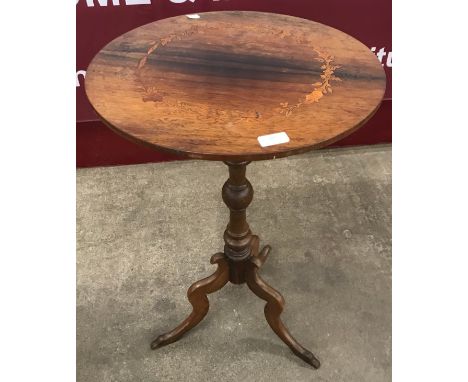 A Victorian inlaid rosewood tripod wine table 