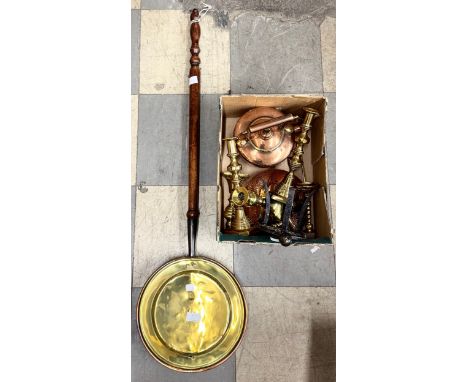 Assorted brass and copper items, including, warming pan, copper kettle, brass candlesticks, etc.